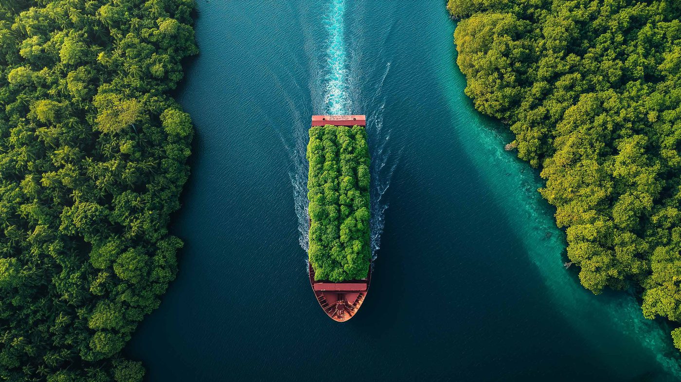 Aerial view of a cargo ship carrying greenery, representing sustainable shipping